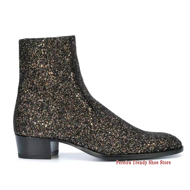 Men Formal Wear With Boots - ฤดูใบไม้ร่วงฤดูหนาวรองเท้าบูทเชลซีผู้ชายประดับเลื่อมสีดำอินเทรนด์หนังวัวปลายแหลมซิปด้านข้างรองเท้าสั้นรองเท้าปาร์ตี้รองเท้าสำหรับงานเลี้ยง