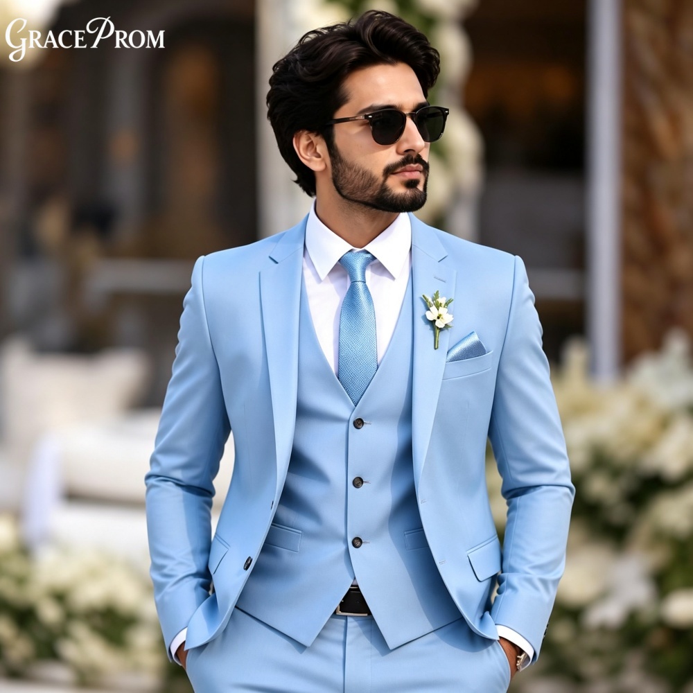 Men Formal Wear Blue - ชุดทักซิโด้ผู้ชายสีฟ้าอ่อนหรูหรา 3 ชิ้น ทรงเข้ารูป สำหรับงานแต่งงาน งานเลี้ยง