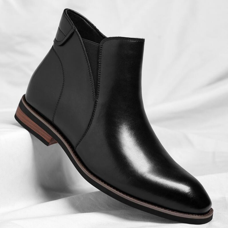 Men Formal Wear With Boots - รองเท้าบูทเชลซีหนังสีน้ำตาลไล่เฉดสำหรับผู้ชาย พร้อมซิปด้านข้าง แผงยางยืด ส้นบล็อก เหมาะสำหรับใส่ทำงานในสำนักงานหรือใส่ในชีวิตประจำวัน