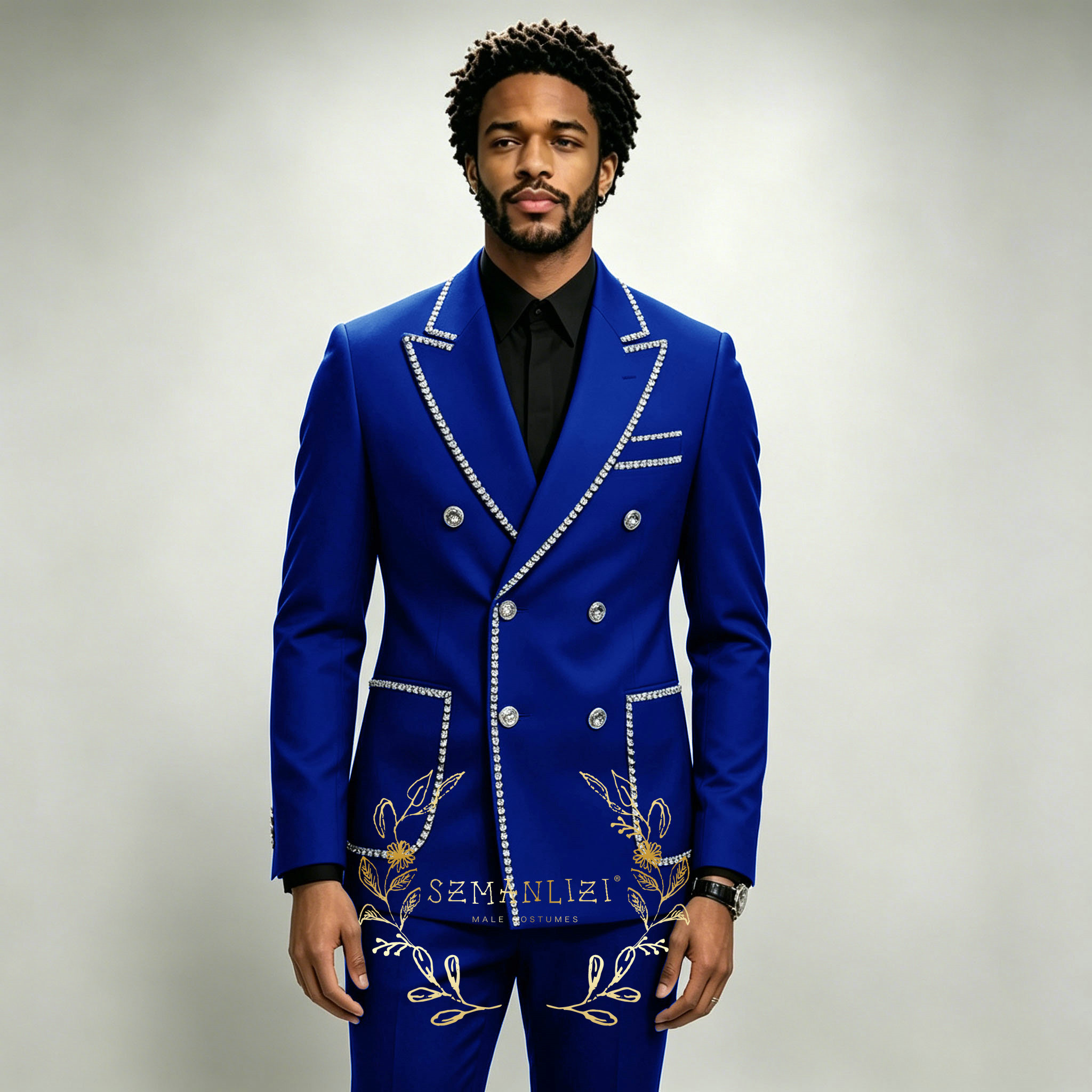 Formal Wear For Men In Wedding - ชุดสูทผู้ชายสุดหรู 2 ชิ้น สีน้ำเงินรอยัล ประดับคริสตัล ปกแหลม