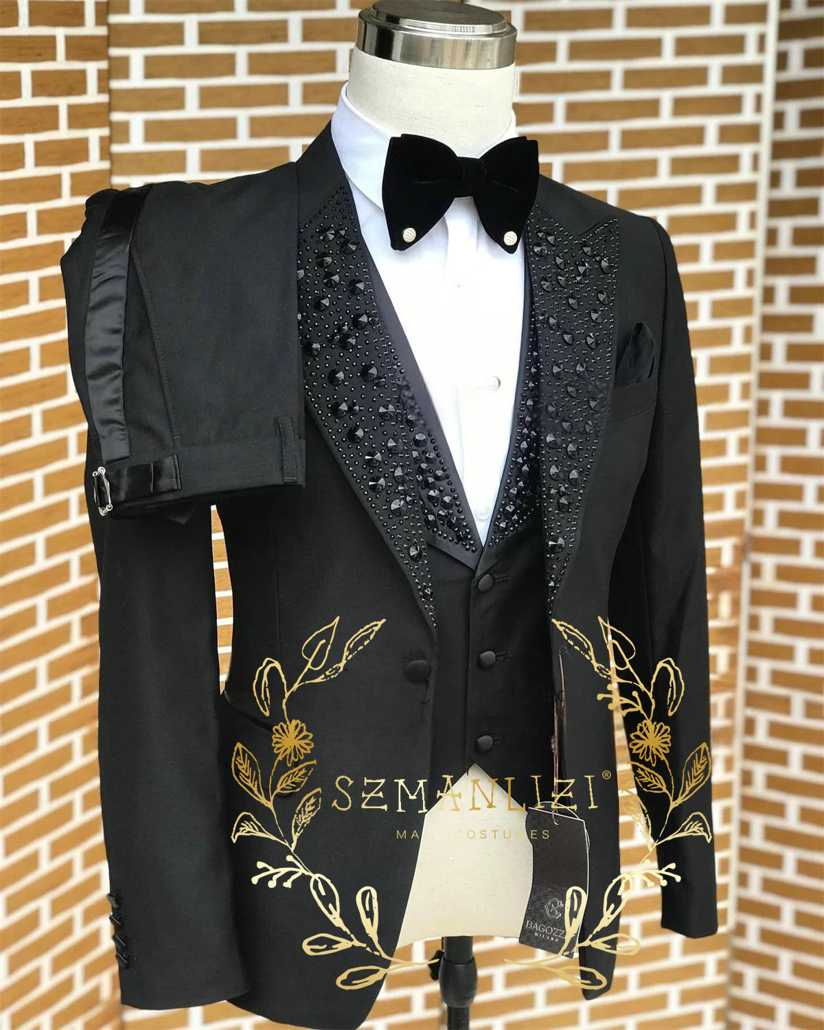 Formal Wear For Men In Wedding - ผู้ชายสีดําชุดหรูหราหินคริสตัล Tuxedos Bespoke เจ้าบ่าวสวมใส่ 3 ชิ้นธุรกิจชายพรหม