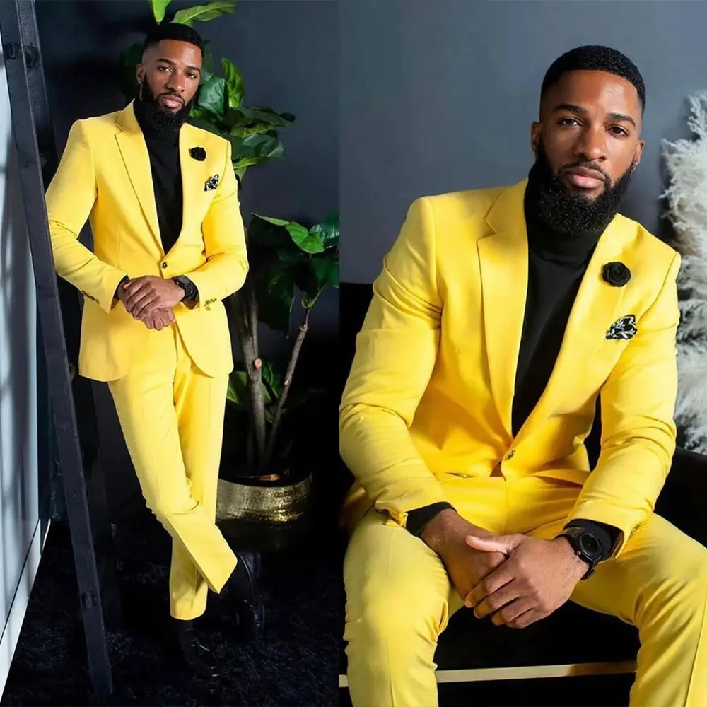 Formal Wear For Men Yellow - ชุดสูทผู้ชายสีเหลือง ทรงสลิมฟิต กระดุมแถวเดียว สำหรับงานแต่งงานและงานเลี้ยง 2 ชิ้น