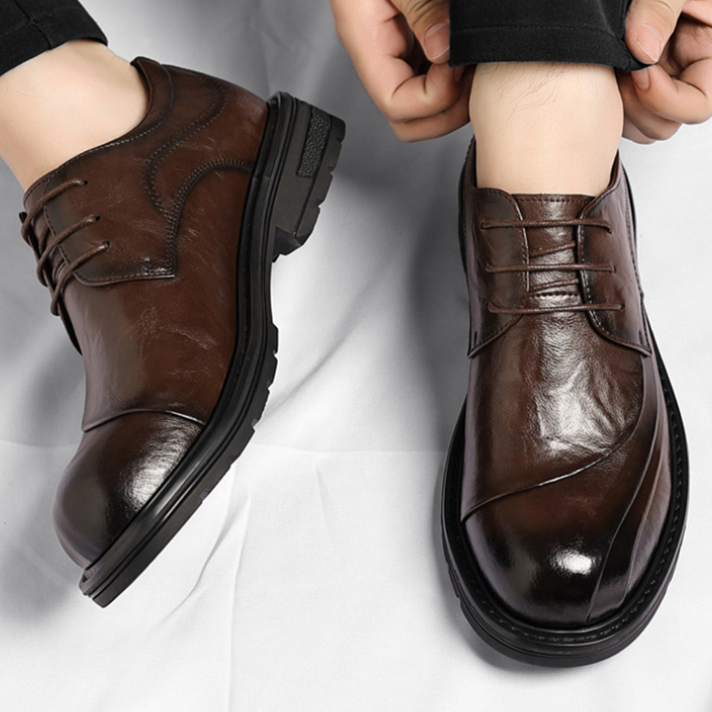 Formal Wear For Men In Wedding - รองเท้าหนังแท้สีน้ำตาลขัดเงา แบบผูกเชือก พื้นหนา สำหรับงานทางการ ธุรกิจ สำนักงาน