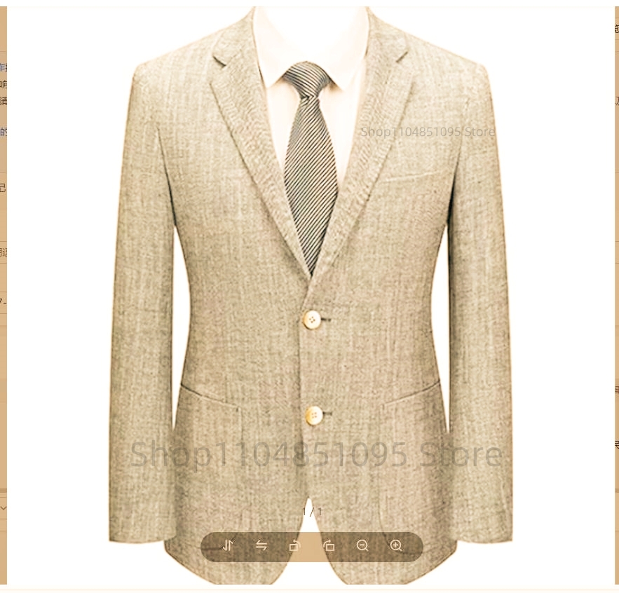 Men Formal Wear Blue - เสื้อสูทผู้ชายทรงเข้ารูป ผ้าลินิน สีเบจ/น้ำเงิน กระดุมสองเม็ด สไตล์ลำลองสำหรับธุรกิจ เหมาะสำหรับฤดูใบไม้ผลิและฤดูร้อน