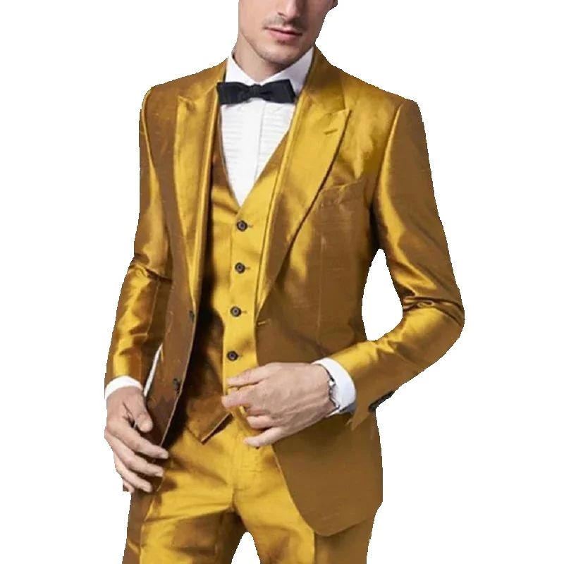 Formal Wear For Men Yellow - 2025 สีเหลืองทองซาตินชายชุด 3 ชิ้น SLIM FIT