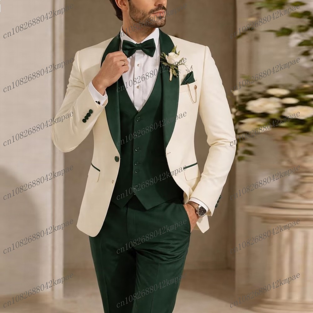 Men'S Used Formal Wear - ชุดสูทผู้ชายสีไอวอรี่และเขียวเข้มแบบเป็นทางการสำหรับเจ้าบ่าว เพื่อนเจ้าบ่าว งานแต่งงาน งานพรอม ธุรกิจ ชุดทักซิโด้ชาย