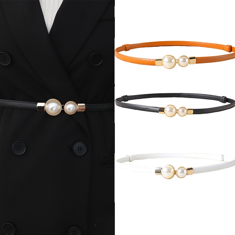 Formal Belt Leather Thin - เข็มขัดไข่มุกวินเทจสุดหรู สายคาดเอวบาง สไตล์เกาหลี สำหรับผู้หญิง ใช้กับเสื้อสเวตเตอร์ แจ็คเก็ต