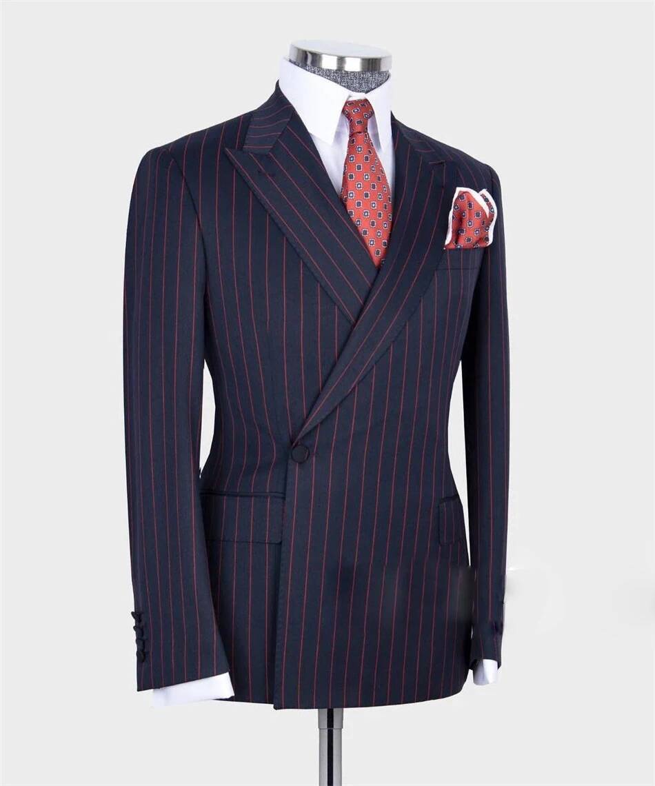 Men Formal Wear Blue - ชุดสูทผู้ชาย 2 ชิ้น สีกรมท่า ลายทาง กระดุมสองแถว