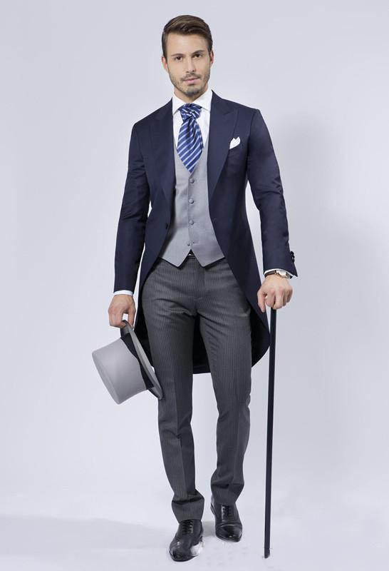 Men Formal Wear Blue - ชุดทักซิโด้เจ้าบ่าวสั่งตัดพิเศษ ชุดสูททางการสีน้ำเงินกรมท่า ชุดเพื่อนเจ้าบ่าว (เสื้อแจ็คเก็ต+กางเกง+เสื้อกั๊ก) terno masculino