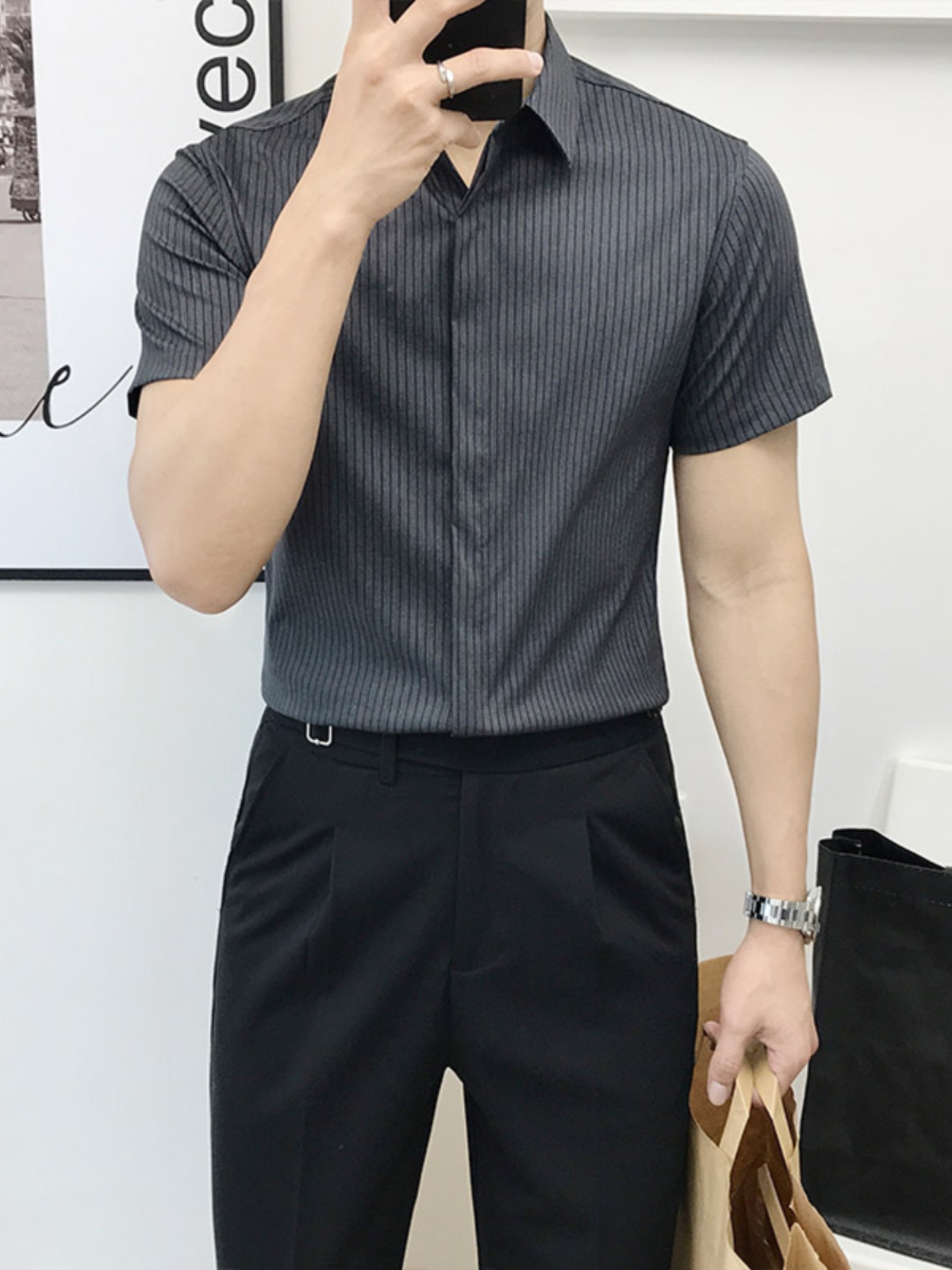 เสื้อเชิ้ตแขนสั้นลายทางทรงเข้า - Men'S Urban Formal Wear บทวิจารณ์และราคา