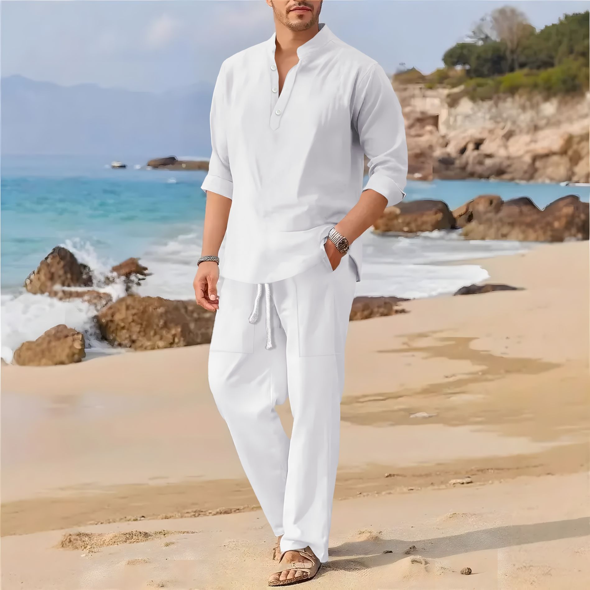 ชุดลำลองผู้ชายสไตล์เรโทร ผ้าฝ้ - Men'S Formal Beach Wear บทวิจารณ์และราคา