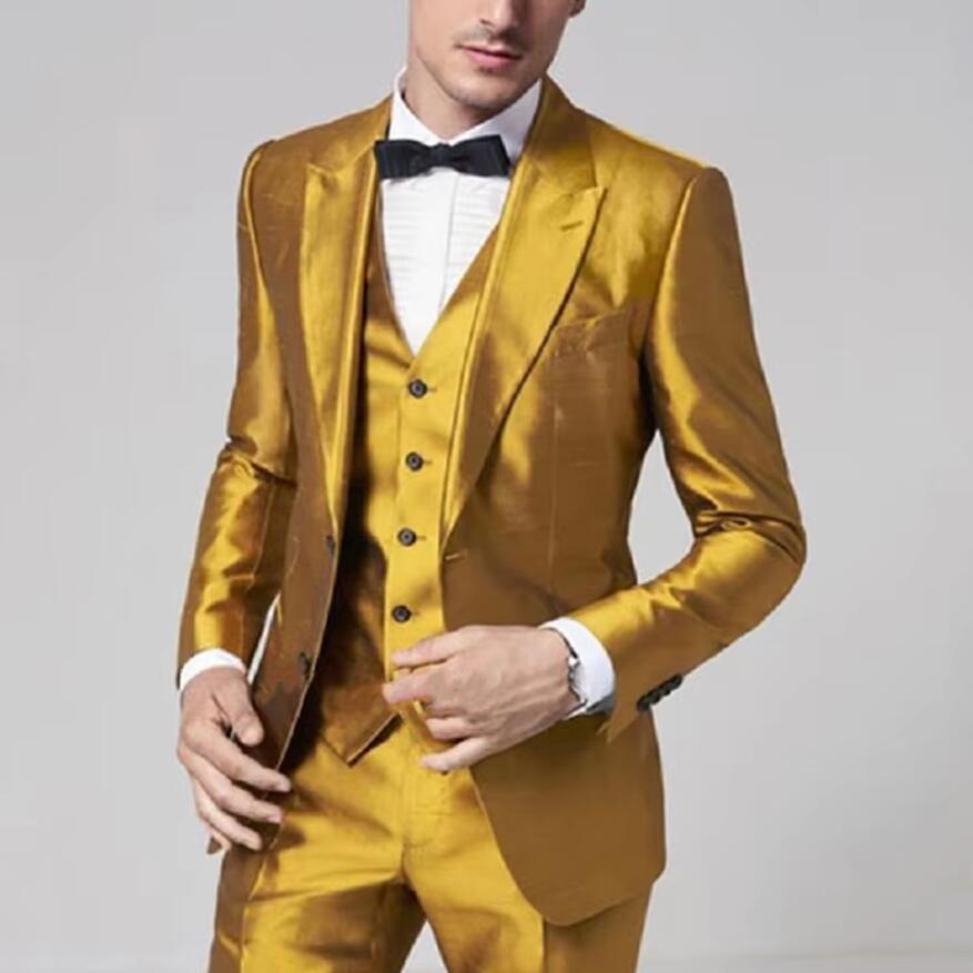2025 สีเหลืองทองซาตินชายชุด 3  - Formal Wear For Men Yellow บทวิจารณ์และราคา